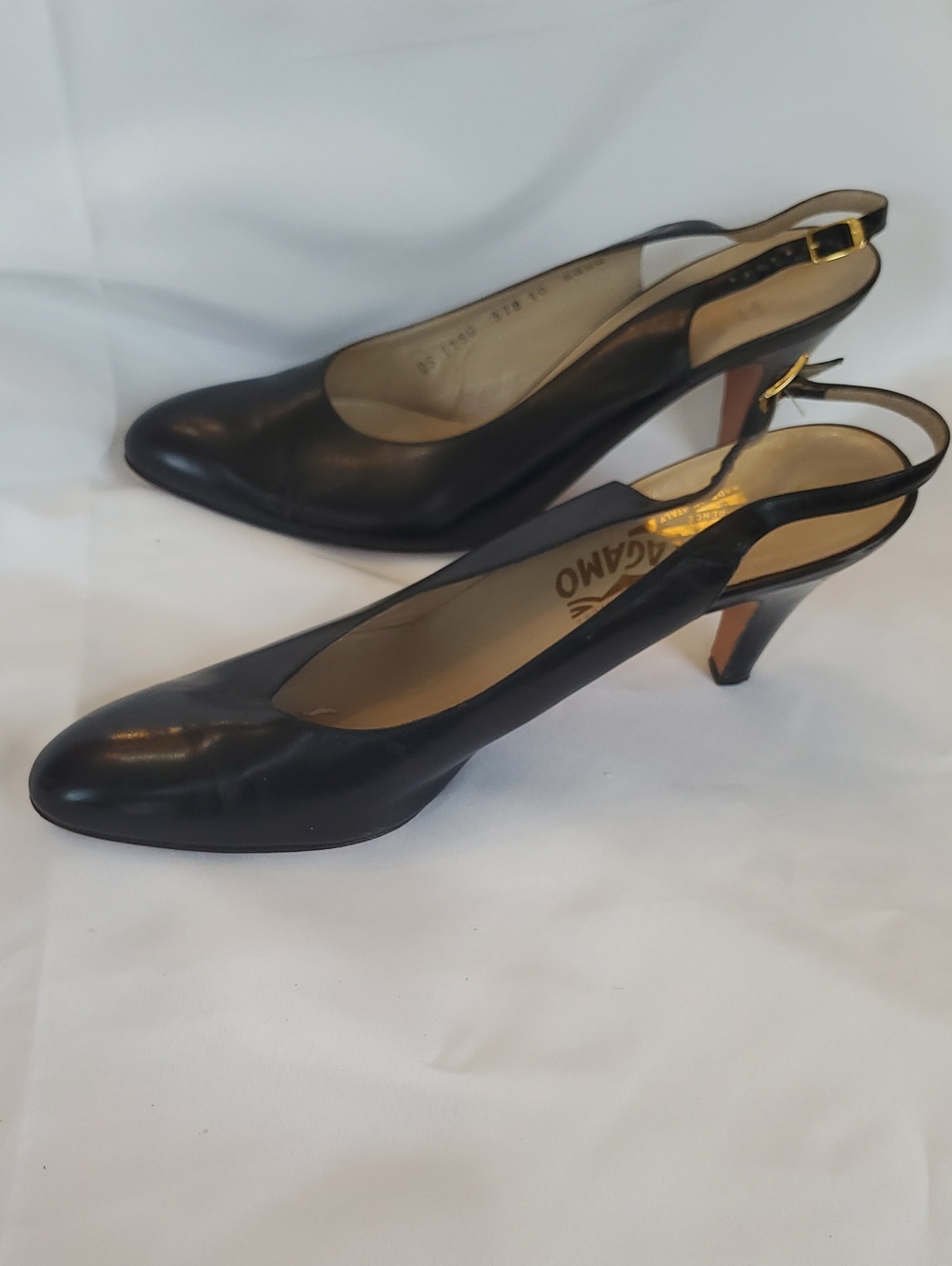 Salvatore Ferragamo Black Leather Slingback Heels with Gold Buckle